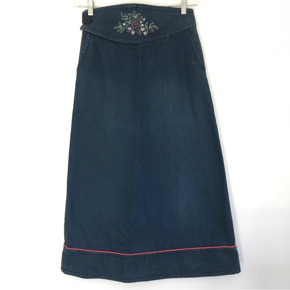 Marc Jacobs Embroidered Denim Maxi Skirt 100% Cotton A-Line Y2K Prairie Cottage